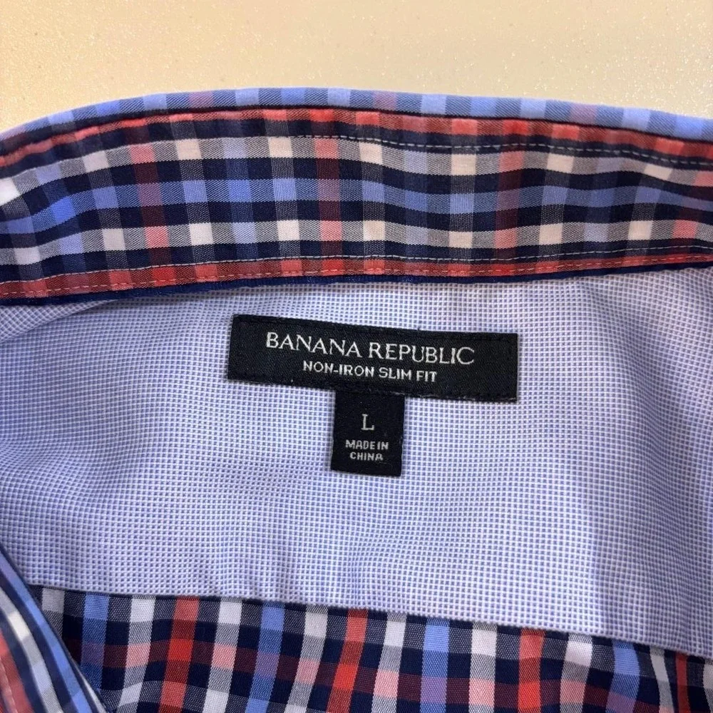 Banana Republic Non-Iron Slim Fit Plaid Shirt Mens Large Blue Red Cotton Preppy